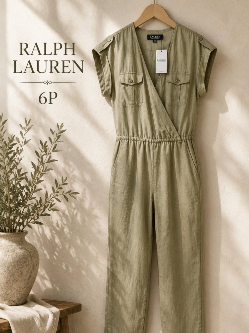 Ralph Lauren Linen Utility Jumpsuit Sage Green 6P NWT
